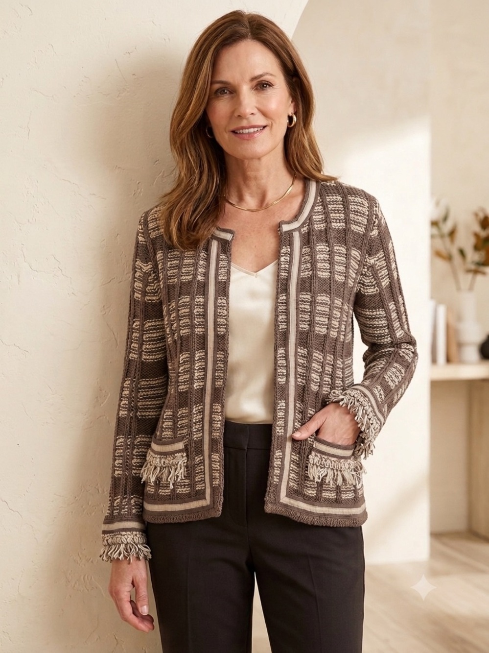 Chico's Fringe Trim Striped Open Front Knit Cardigan Jacket Brown Beige Size 2 L